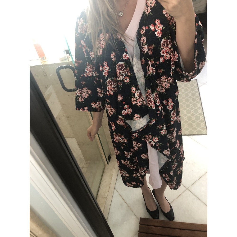LulaRoe Floral Denim Look Tiered Duster Jacket Blue Pink Large